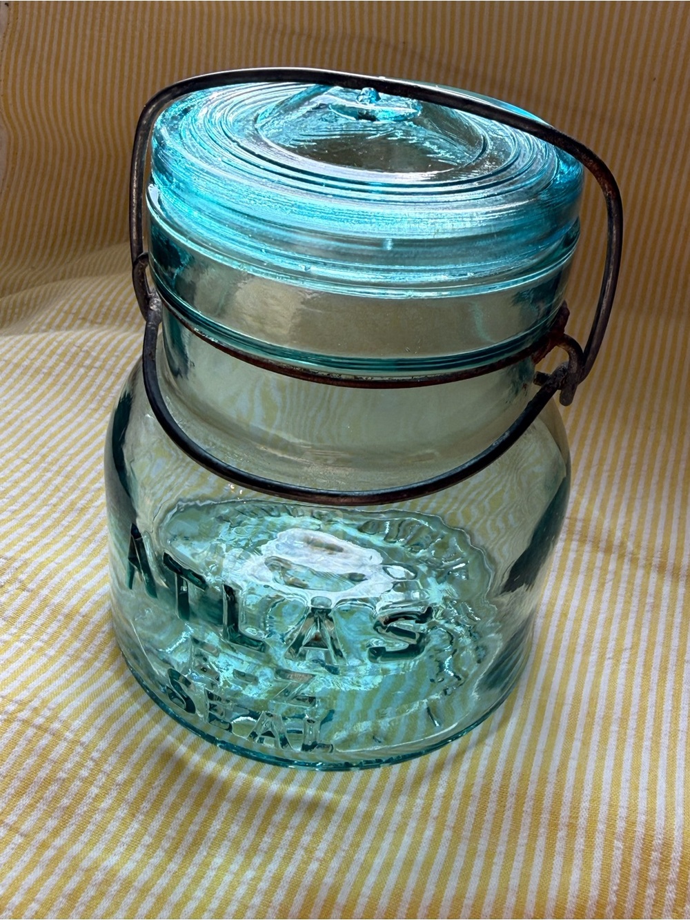 Vintage Aqua Glass Atlas Jar with Wire Bail Lid 5” tall